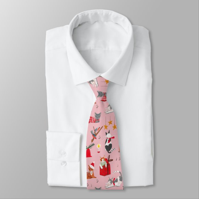 Cravate Tie de Noël rose chats Rétro (Attaché)