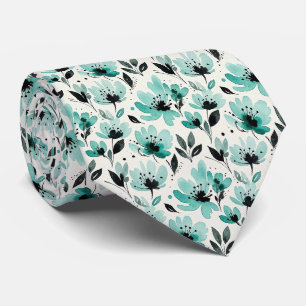Cravate Tie en faux soie aqua et noir Floral aquarelle
