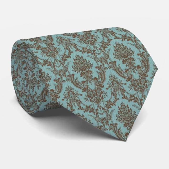 Cravate Tie en soie damassée Aqua Chocolat (Roulé)
