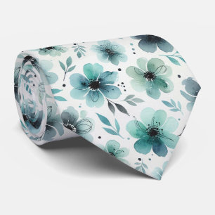 Cravate Tie en soie fausse Aqua + Noir   Floral aquarelle