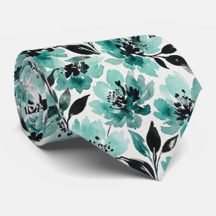 Cravate Tie en soie fausse Aqua + Noir   Floral Aquarelle