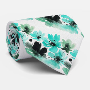 Cravate Tie en soie fausse Aqua + Noir Floral aquarelle
