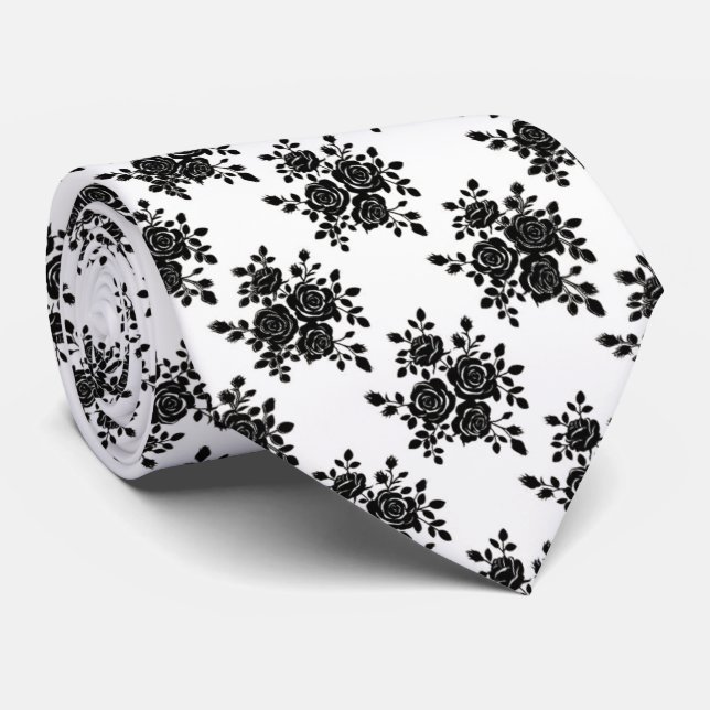 Cravate Tie fleuri noir et blanc classique pour hommes (Roulé)