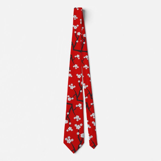 Cravate Tie Fleurs de Cerisier Oriental Sakura Blanc Asiat (Devant)