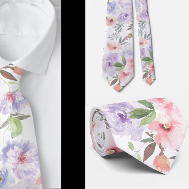 Cravate Tie floral avec des roses roses et lavande violett (Créateur téléchargé)