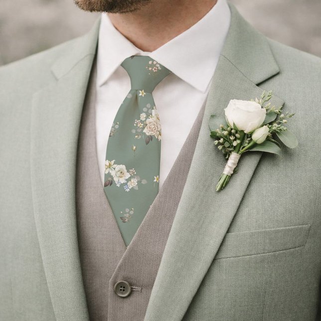 Cravate Tie floral vert sauge pour mariage (Créateur téléchargé)