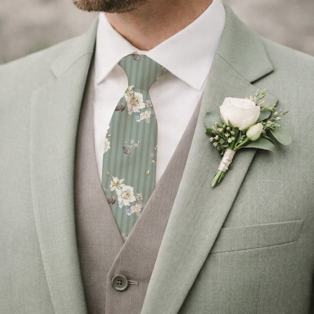 Cravate Tie floral vert sauge pour mariage (Créateur téléchargé)
