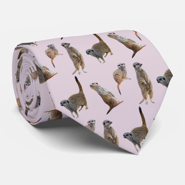Cravate Tie Folie de Suricate Double Face Imprimé (Rose Po (Roulé)