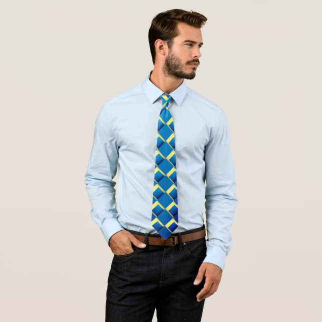 Cravate Tie imprimé abstrait Artsty bleu jaune (En situation)