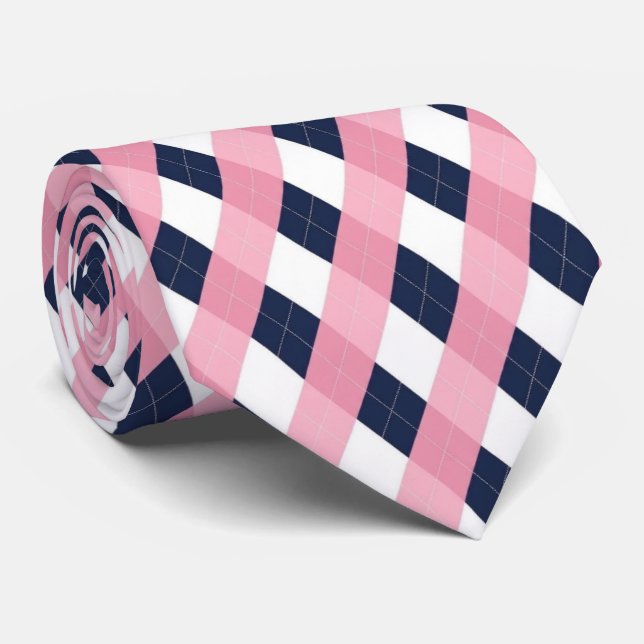 Cravate Tie moderne bleu marine et rose à motif argyle (Roulé)