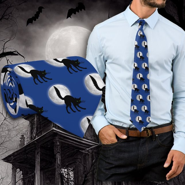 Cravate Tie motif chats noirs pleine lune Halloween (Créateur téléchargé)