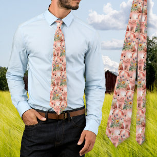 Cravate Tie motif petits cochons dans les fleurs sauvages