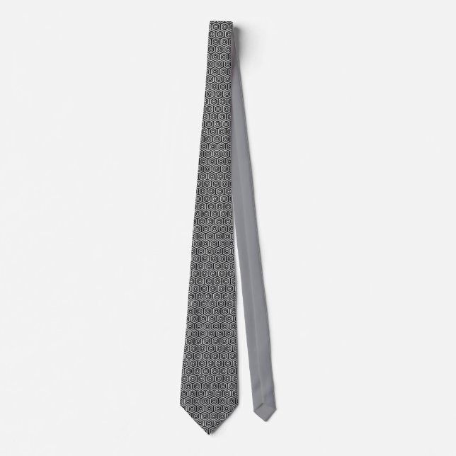 Cravate Tie noir blanc motif géométrique hexagone (Devant)