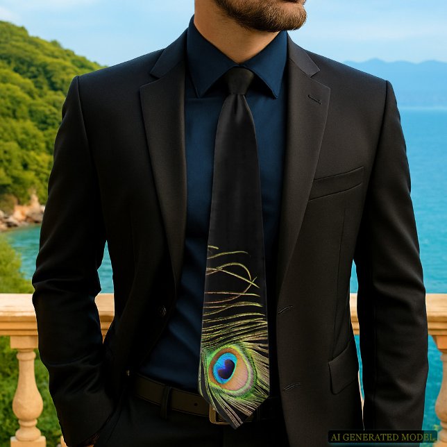 Cravate Tie noir élégant à plume de paon (Elegant tie design from my Glamorous Peacock Feather On Black Collection
)