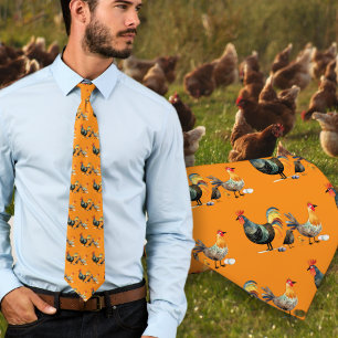 Cravate Tie orange motif poulets ferme