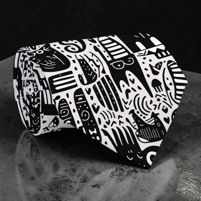Cravate Tie personnalisé Doodles noir et blanc (Créateur téléchargé)