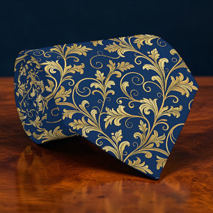 Cravate Tie personnalisé motif floral bleu et or