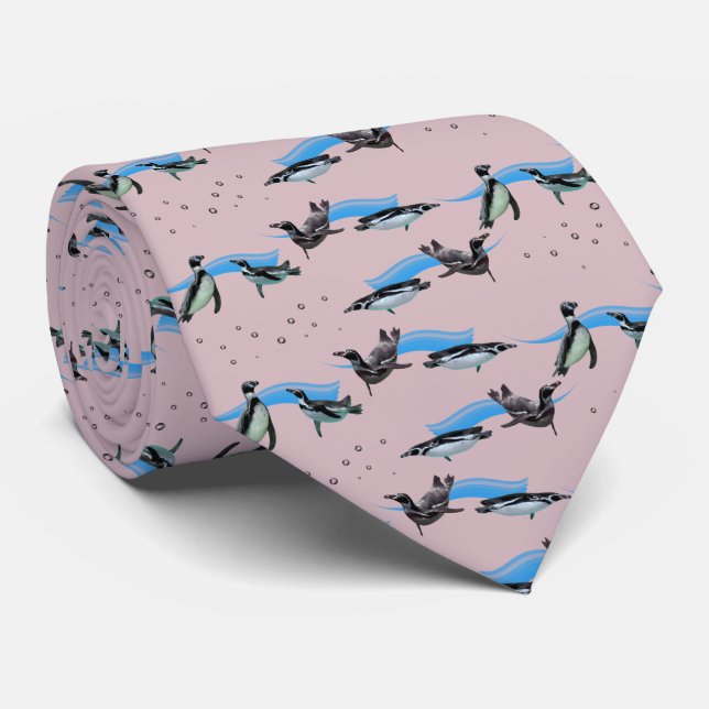Cravate Tie Piscine à Pingouins Double Face (Rose) (Roulé)
