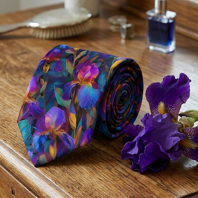 Cravate Tie pour hommes fleur violet iris floral vibrant (Créateur téléchargé)