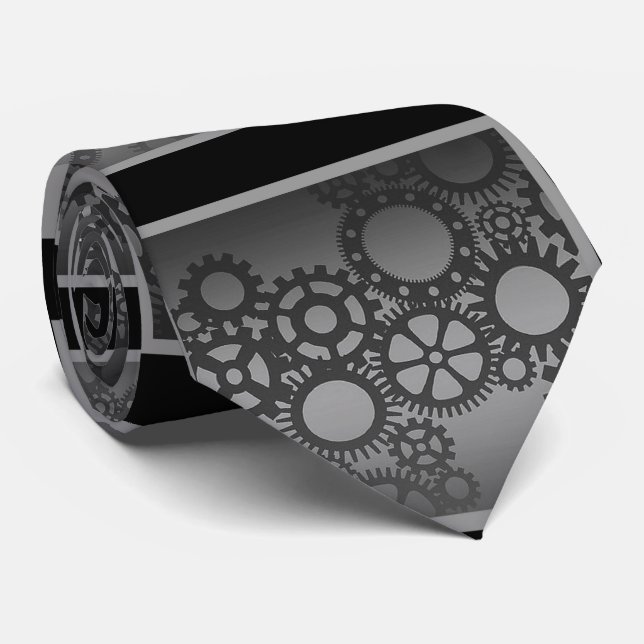 Cravate Tie Steampunk engrenages d'horloge noir et argent (Roulé)