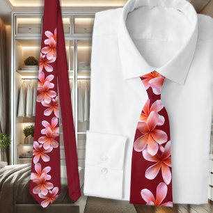 Cravate Tie unisexe Fleurs tropicales Marron Plumeria rose