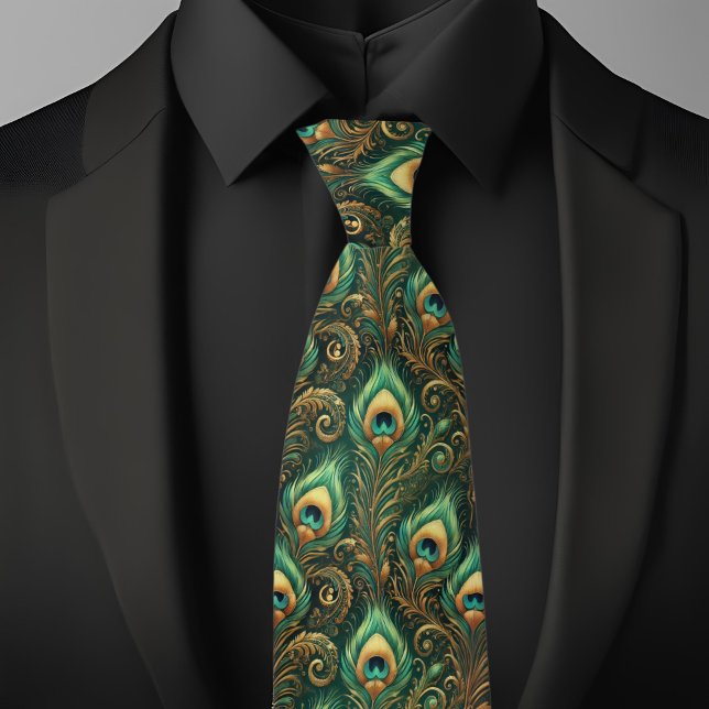 Cravate Tie vert et or à plumes de paon (Créateur téléchargé)