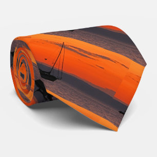 Cravate Tie, Voilier au coucher du soleil, Ciel orange