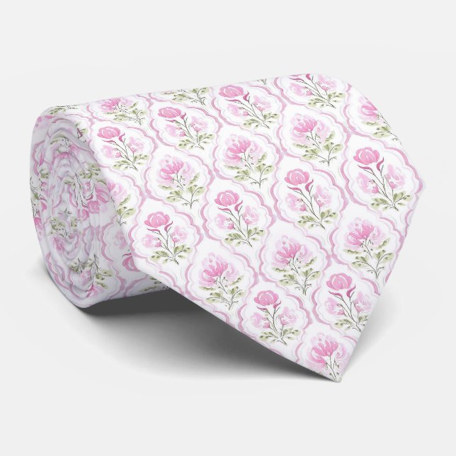 Cravate Tied de cou à fleurs rose chaleureux aquarelle (Roulé)