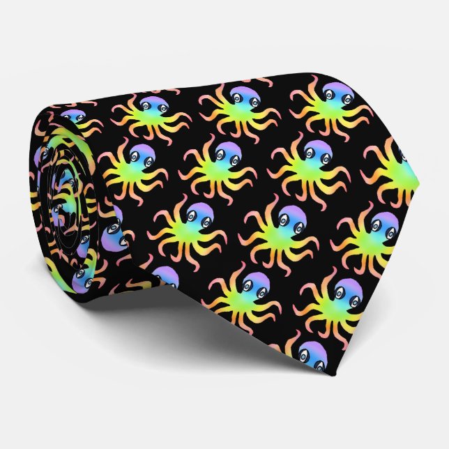 Cravate Tied de cou (noir) - Pieuvre Arc-en-ciel (Roulé)