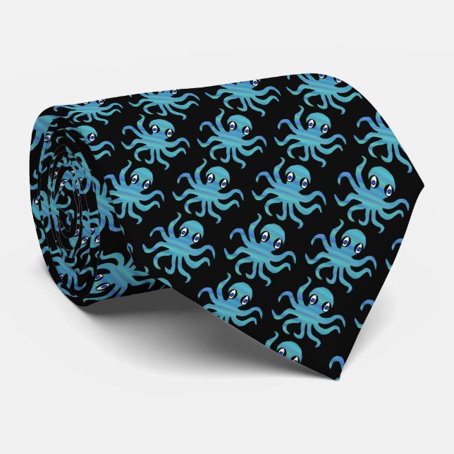 Cravate Tied de cou (noir) - Pieuvre bleu vert (Roulé)