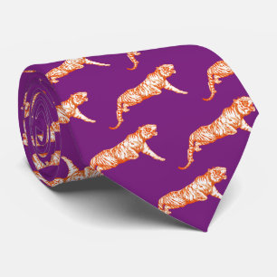 Cravate Tigre orange vif moderne sur violet