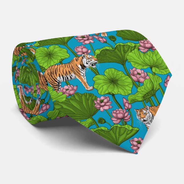 Cravate Tigres dans l'étang rose lotus (Roulé)