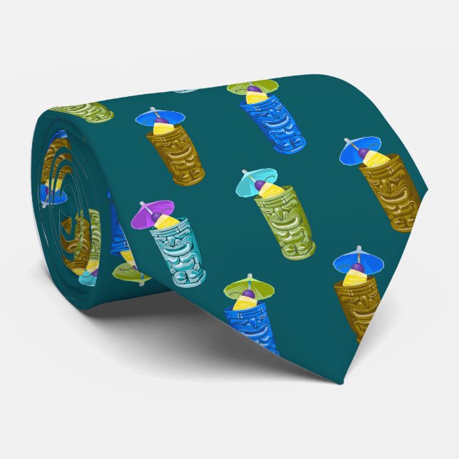 Cravate Tiki Mugs Cocktail tropical Turquoise à un côté (Roulé)