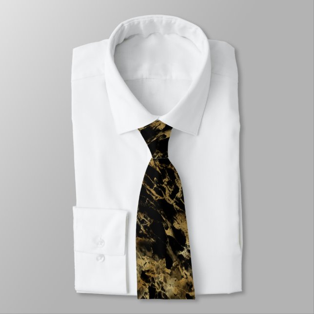 Cravate Tissu Hommes Abstraits Marbrés Noir Or  (Attaché)