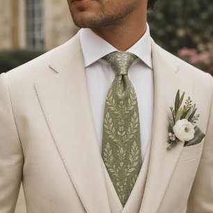 Cravate Tissu Jacquard de Laurier en Ivoire Botanique Vert