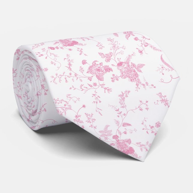 Cravate Toile Chinoiserie Vintage Fleur Rose  (Roulé)