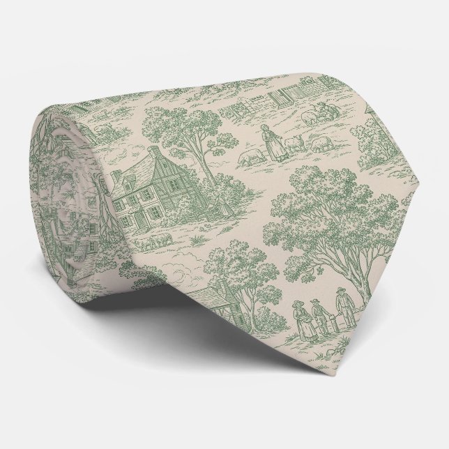 Cravate Toile de ferme patrimoniale vert sauge et bleu (Roulé)