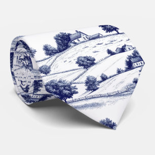 Cravate Toile de Jouy Bleu Vintage Architecture Pastorale
