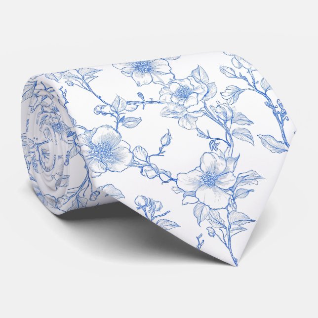 Cravate Toile de Jouy bleue florale (Roulé)