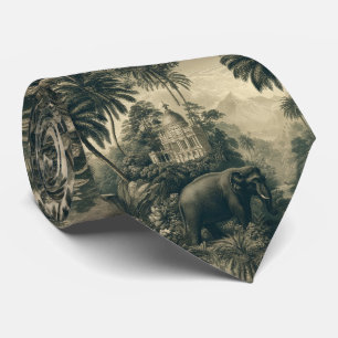 Cravate Toile de Jouy éléphant jungle art tropical botaniq