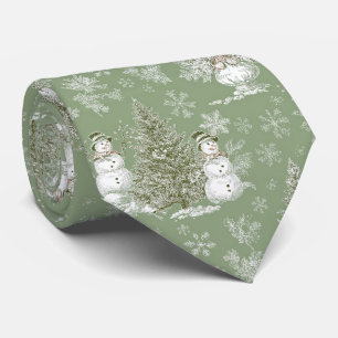 Cravate Toile de Noël bonhomme de neige vert sauge vintage