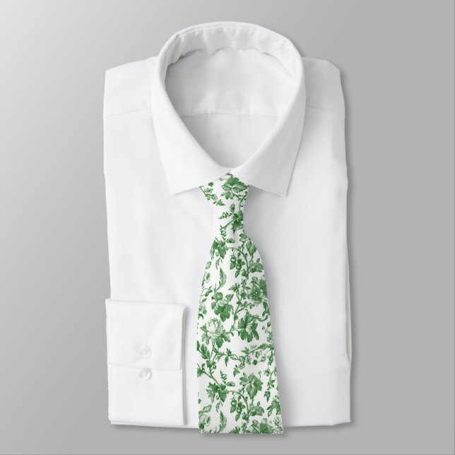 Cravate Toile florale blanche verte Chinoiserie Mariage (Attaché)