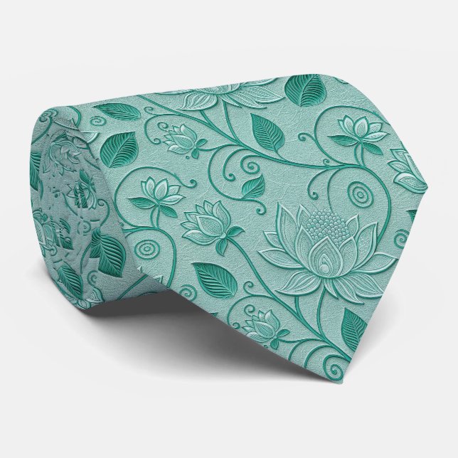 Cravate Tons de vert pastel motif lotus aspect gaufré (Roulé)