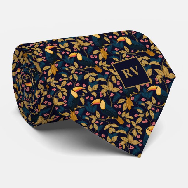 Cravate Toucan Foliage on Navy Blue (Roulé)