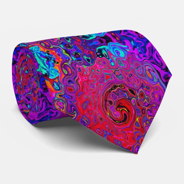 Cravate Tourbillon Rouge et Violet Abstrait Rétro Liquide  (Roulé)
