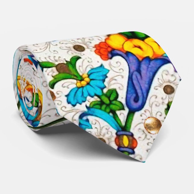 CRAVATE TOURBILLONS FLEURS BLEUS DE LA RENAISSANCE FLORENT (Roulé)