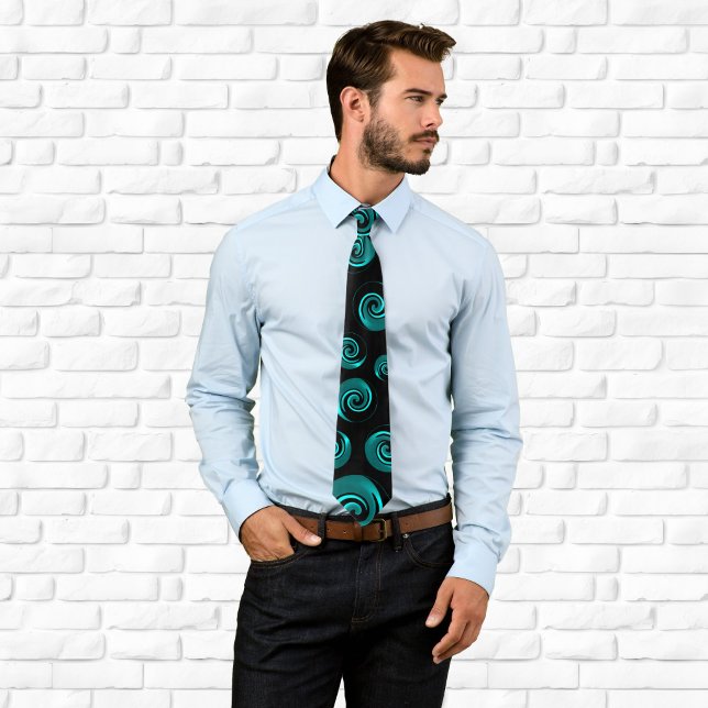 Cravate Tourbillons noirs et sarcelle aqua (Black and Aqua Teal Swirls Neck Tie)