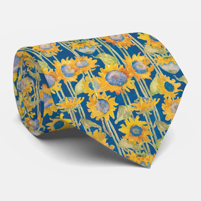 Cravate Tournesol moderne sur le modèle floral bleu (Roulé)