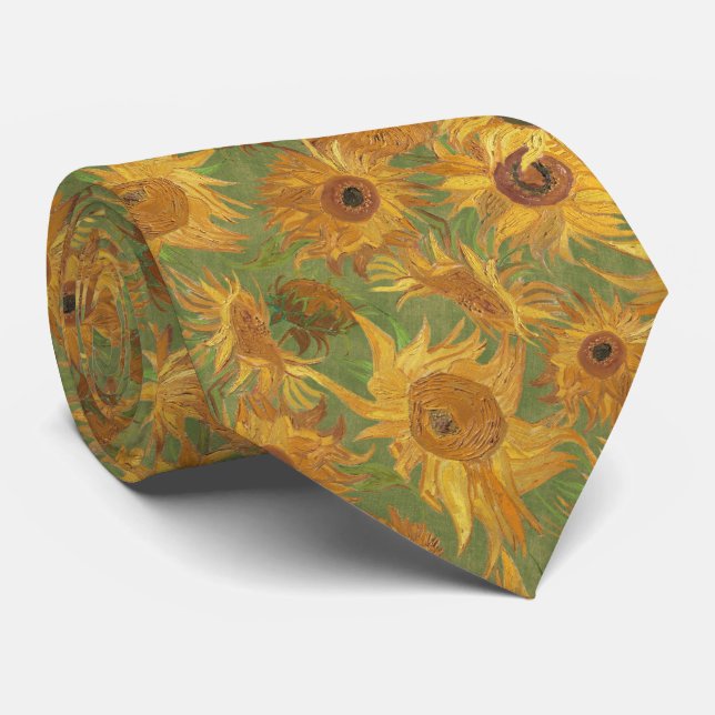 Cravate Tournesols de Van Gogh jaune ocre vert verge d'or (Roulé)
