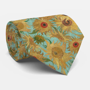 Cravate Tournesols de Van Gogh jaune safran bleu aqua